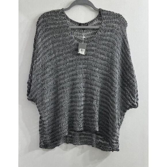 Eileen Fisher Fine Open Twist Stripe Dark Pearl Box Sweater Top Large $198‎ - Picture 1 of 9